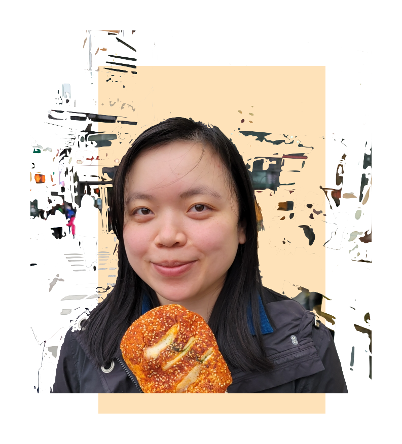 A dark-haired and light-skinned Chinese woman holding a piece of bread surrounded by abstract blobs